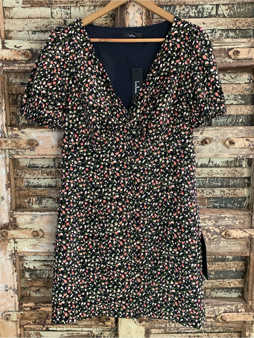 NWT Lulus Black Floral Corduroy V-Neck Puff Sleeve Lined Mini Dress, XL